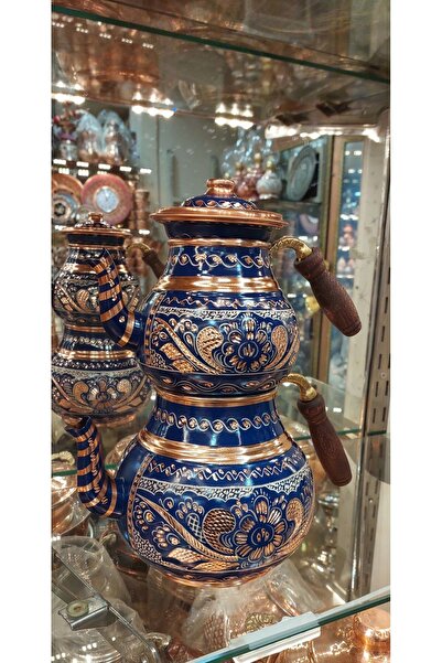 Bakır Center Bakır Çaydanlık El Işlemesi Çiçek Desenli Mavi Renk İşlemeli Büyük Aile Boy Bakır Demlik