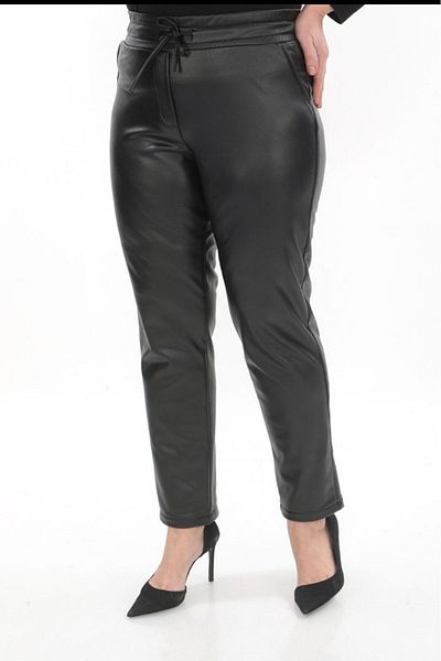 AKŞEN GİYİM LARGE SIZE BLACK COLOR LACE-UP WAIST THIN CHARDED LYCRAL LEATHER PANT