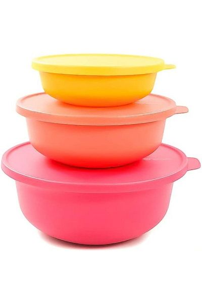 Tupperware Aloha 3-piece Set (2L Light Pink + 1L Salmon + 450ml Yellow Bowl)
