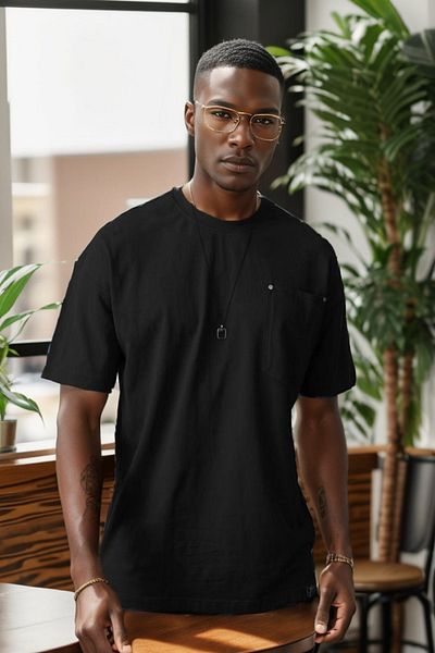 Balenbi Ανδρικό μπλουζάκι Oversize Μαύρο - Crew Neck, Τσέπη