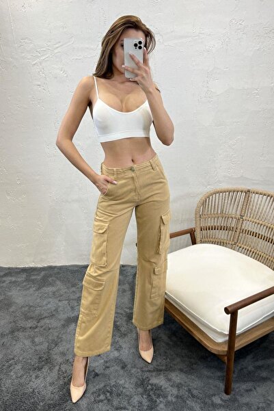 Balenbi 1084 Model Camel Gabardine Women's Cargo Pants