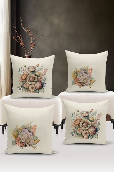 Bertille Home Flower/Vintage Series Double Sided Digital Printed 4-Piece Throw Pillow Case Set (Cushion Cover Set)