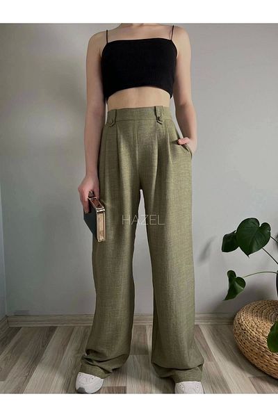 polle High Waist Khaki Linen Palazzo Trousers - Buttoned