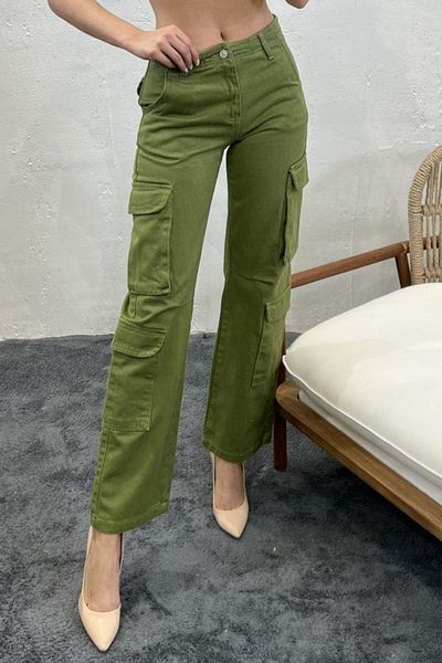 Balenbi 1084 Model Green Gabardine Women's Trousers - Cargo Pocket