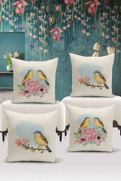 Bertille Home Σετ ριχτάρι μαξιλαριού 4 τεμαχίων με ψηφιακή εκτύπωση διπλής όψης σειράς Flower/Vintage (Σετ κάλυμμα μαξιλαριού)