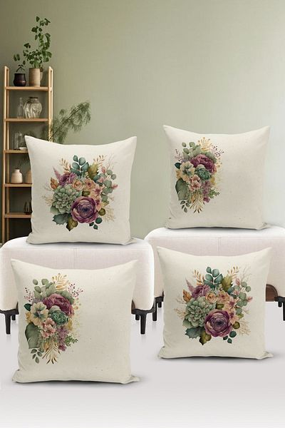 Bertille Home Flower/Vintage Series Double Sided Digital Printed 4-Piece Throw Pillow Case Set (Cushion Cover Set)