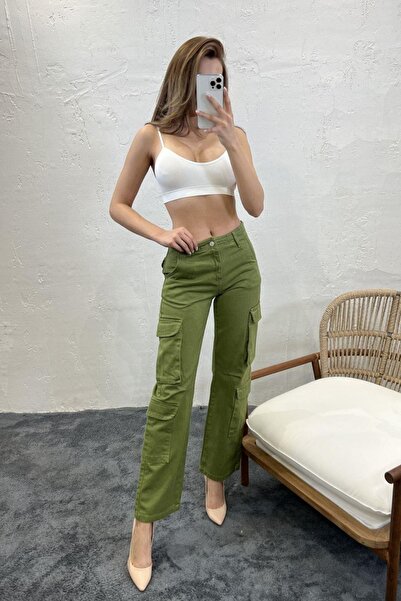 Balenbi 1084 Model Green Gabardine Women's Trousers - Cargo Pocket