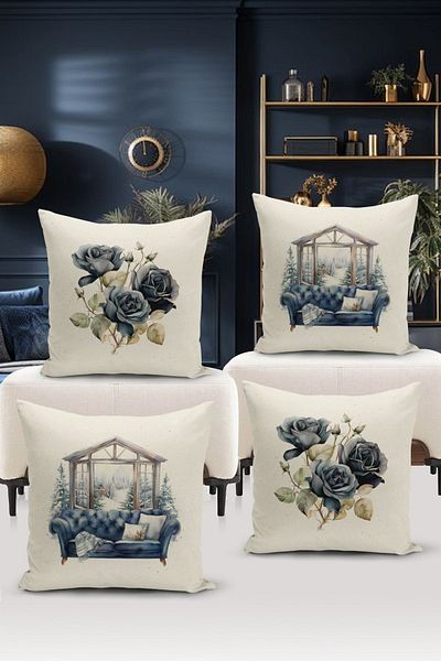Bertille Home Σετ ριχτάρι μαξιλαριού 4 τεμαχίων με ψηφιακή εκτύπωση διπλής όψης σειράς Flower/Vintage (Σετ κάλυμμα μαξιλαριού)