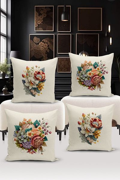 Bertille Home Σετ ριχτάρι μαξιλαριού 4 τεμαχίων με ψηφιακή εκτύπωση διπλής όψης σειράς Flower/Vintage (Σετ κάλυμμα μαξιλαριού)