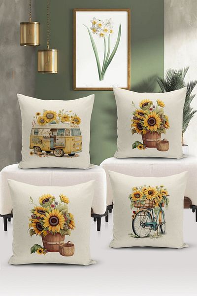 Bertille Home Flower/Vintage Series Double Sided Digital Printed 4-Piece Throw Pillow Case Set (Cushion Cover Set)