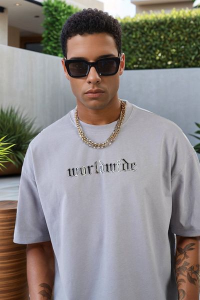 Balenbi Γκρι μπλουζάκι Unisex Oversize με στάμπα με έγχυση - Crew Neck