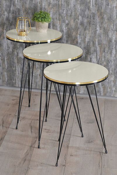 Golden Bark Serving Coffee Tables Set Of 3 Pieces, 34CM, Add Elegance And Distinction To Your Home- CREAM/BLACK