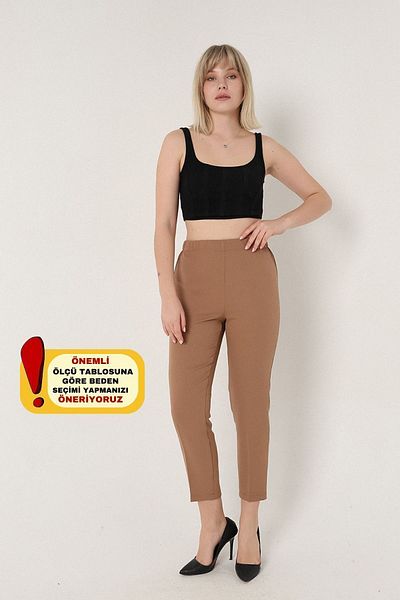 Mogi Butik 3001 Camel Carrot Leg High Waist Woven Women's Trousers