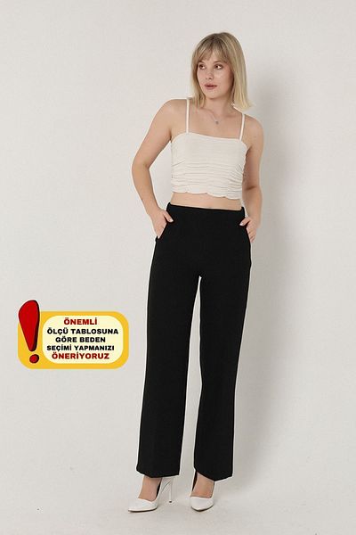Mogi Butik 3002 Black Palazzo High Waist Pocket Woven Women's Trousers