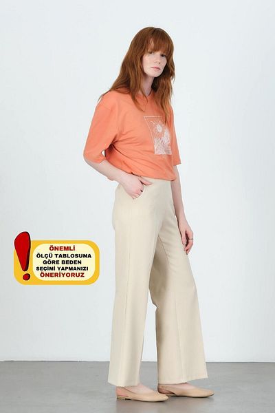 Mogi Butik 3002 Cream Palazzo High Waist Pocket Woven Women's Trousers