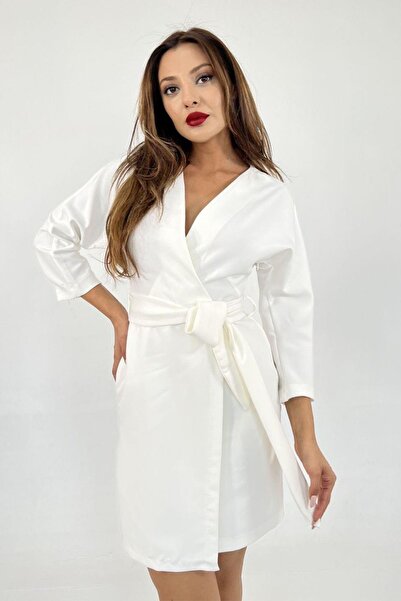 adba style Ecru Διπλό Γυναικείο Καλοκαιρινό Φόρεμα - Διπλό Ύφασμα Ζώνης