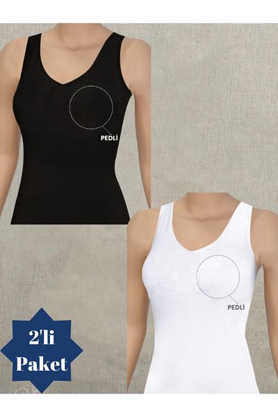 Adeniz 2 Pack White and Black Thick Strap Cotton-Lycra Women's Undershirt - Camisole with Chest Pad