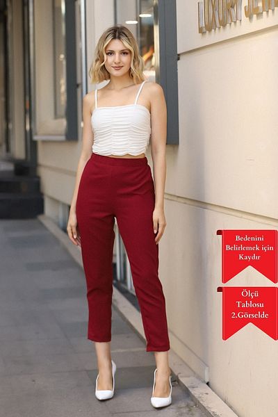 adba style 4001 Claret Red Carrot Leg Elastic High Waist Woven Women's Trousers