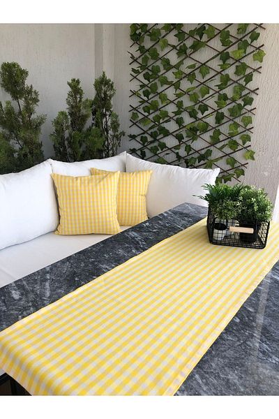 Decamor home Linen Gingham Yellow Throw Pillow Cover