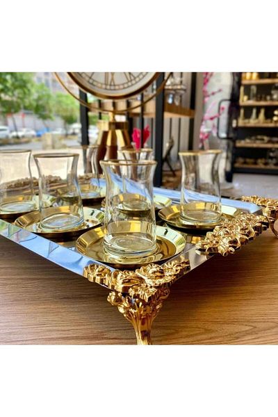 özkardeşler metal Large Size and Small Size Rose Model for 6 People - Stainless Steel Tray