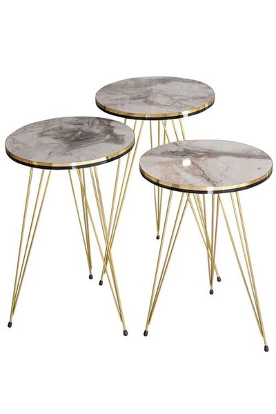 Golden Bark Serving Coffee Tables Set Of 3 Pieces, 34CM, Add Elegance To Your Home - GREY MARBLE/GOLD