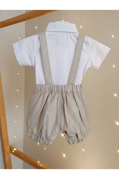 bebeksen Beige Classic Baby Boy Salopet Suit with Bow Tie and 3-Piece Shorts Special Day Outfit Wedding Baby Gift