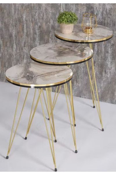 Golden Bark Serving Tables Set Of 3 Pieces, Serve Coffee And Tea - Add Elegance To Your Home - MARBLE GREY/GOLD