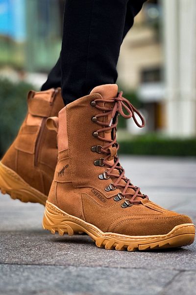 Joy Man J051 Scalatore - Ανδρικές σουέτ καθημερινές στρατιωτικές μπότες με κορδόνια και φερμουάρ, ορθοπεδική σόλα STT Tan