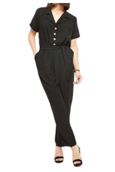 ZY BUTİK Short Sleeve Black Jumpsuit - Button Detailed