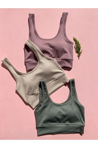 LEYNA BUTİK Women's 3 Pieces Corded Fabric Thick Strap Blouse with Removable Pads-Half Undershirt (Plum-Green-Stone Gray)