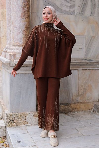 LOCCO Brown Glitter Bat Sleeve Double Knitwear Set