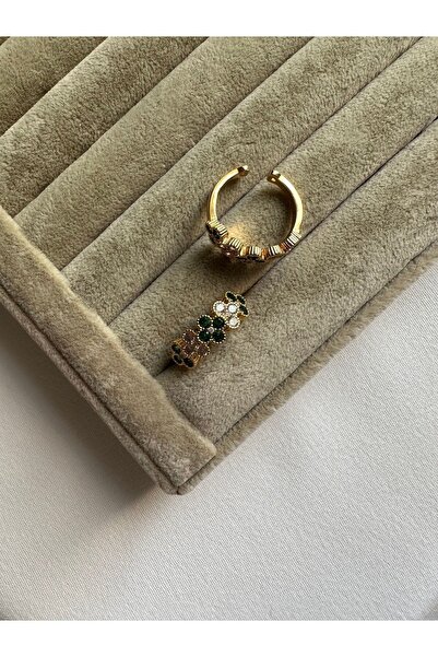 ringbox Gold Zümrüt Renk Detaylı Zirkon Taşlı Çiçek Yüzük