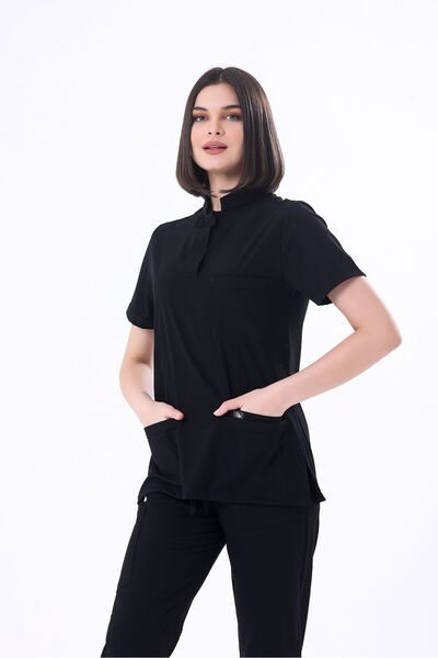 EGEUNIFORM Tek Üst Premium Siyah Likralı Hakim Yaka Düğmeli Cepli Hemşire Dok...