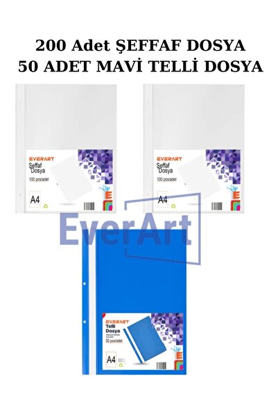 everart Şeffaf Poşet Dosya 2 Paket (200 Adet) Mavi Telli Dosya 1 paket (50 Adet) Ofis Dosyalama Seti