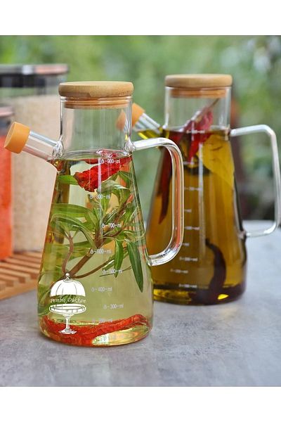 safestore 2 Pieces 900 Ml Bamboo Lid Borosilicate Glass Oil Pot Vinegar Milk Storage Water Jug