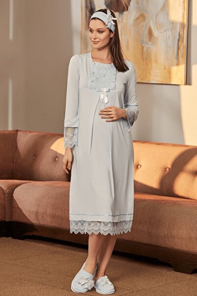 By Mecit Pijama By Mecit 5209 Cămașă de noapte Maternitate-Maternitate cu mânecă lungă - Albastru