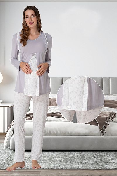 lohusahamile Maternity Pajama Set - Gray, Nursing Feature and Butterfly Detail