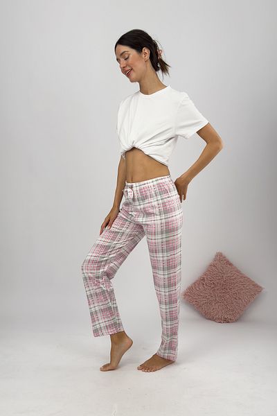 Betimoda Pantaloni de pijama de damă cu panglică alb roz gri pătrat