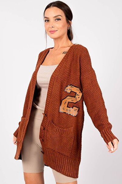 armonika Cardigan oversize cu buzunar brodat maro pentru femei, braț-22Y124062