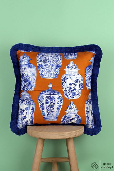 Alseko Concept 43x43cm Square Throw Pillow Cover - Flower Pot Tassel, Orange Floor and Tile Vase Pattern