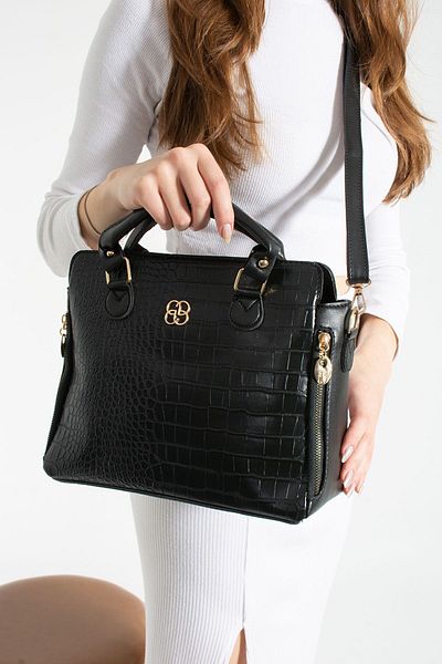 Rosmod Women's Black Croco Leather Cat Patterned Zippered Lined Shoulder and Hand Bag