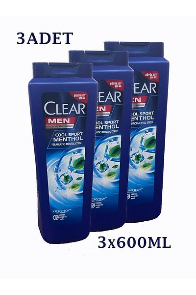 Clear Men's Shampoo, Effective Against Dandruff, Cool Sport Refreshing Menthol Effect 3 Pieces (3X600 ml)