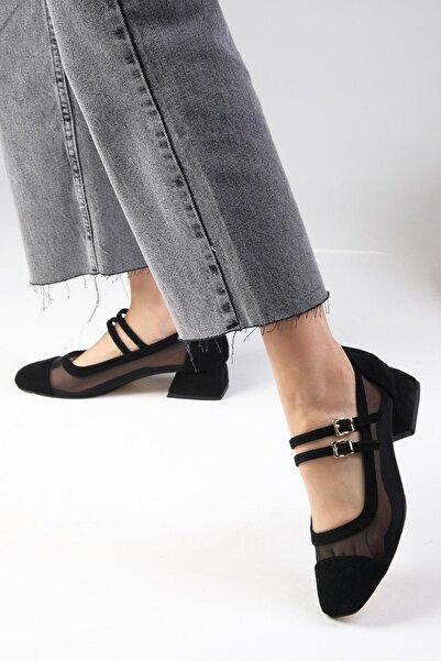 Mio Gusto Isabel Black Color Suede Blunt Toe Mesh Detailed Women's Short Heeled Shoes