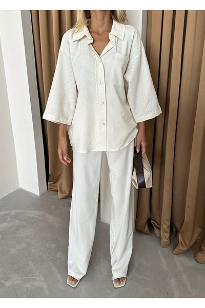 Laluvia Set aus Hemd und Hose „Fakir“ aus 100 % Baumwolle, gestreift, Ecru