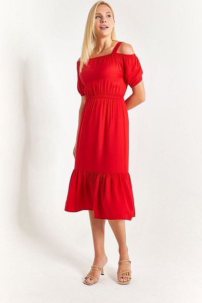 armonika Rotes Damenkleid mit elastischem Taillenträger Arm-21k001214