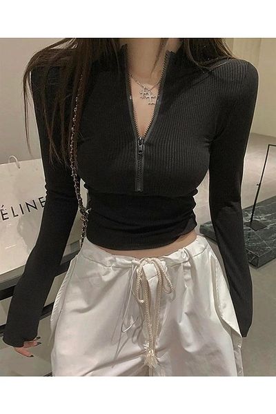 Touz Moda Y2k Harajuku Γυναικεία Crop Μπλούζα - Λεπτομέρεια με φερμουάρ