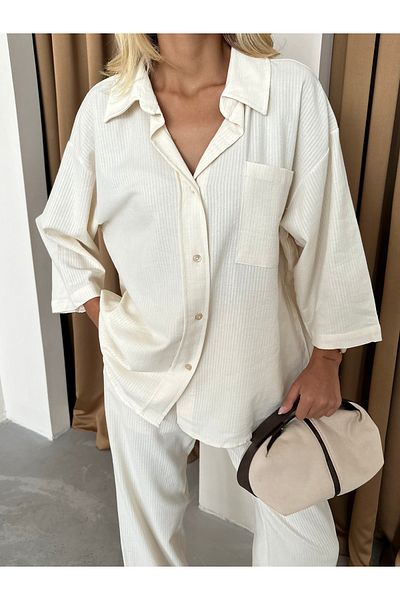 Laluvia Set aus Hemd und Hose „Fakir“ aus 100 % Baumwolle, gestreift, Ecru