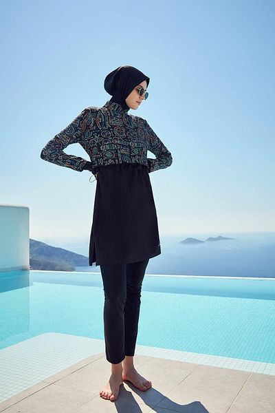 Haşema Σετ μαγιό Hijab 5 τεμαχίων με μοτίβο γιορτινής μαύρο πράσινο γιλέκο