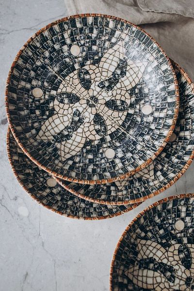 Bonna Porselen Black Bloom Mesopotamia Mosaic - Pit Plate 23 Cm, 1000 Cc, Set of 6 S-Mt-Mzpmbblm23C