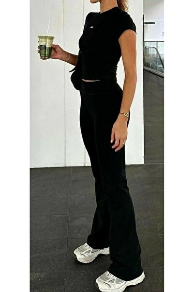 mlio Siyah fitilli Ispanyol paça pantolon